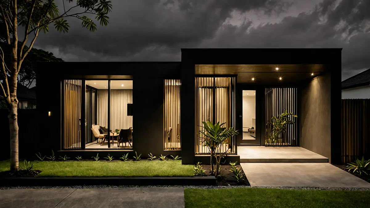 Artist's impression of a single-storey Halaman Villas home: black cladding, timber battens and a lit entrance.