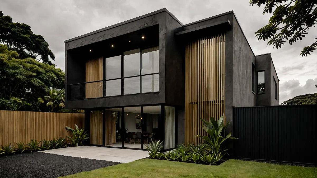 Artist's impression of a two-storey Taman Seri Halaman home: dark render with a timber screen and a ground-floor glass wall.