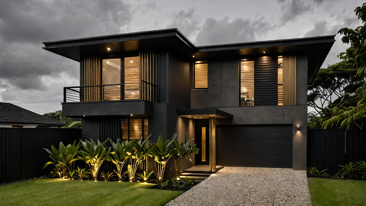 Artist's impression of a Halaman Terrace home: two storeys under a broad roof with a balcony and a double garage.