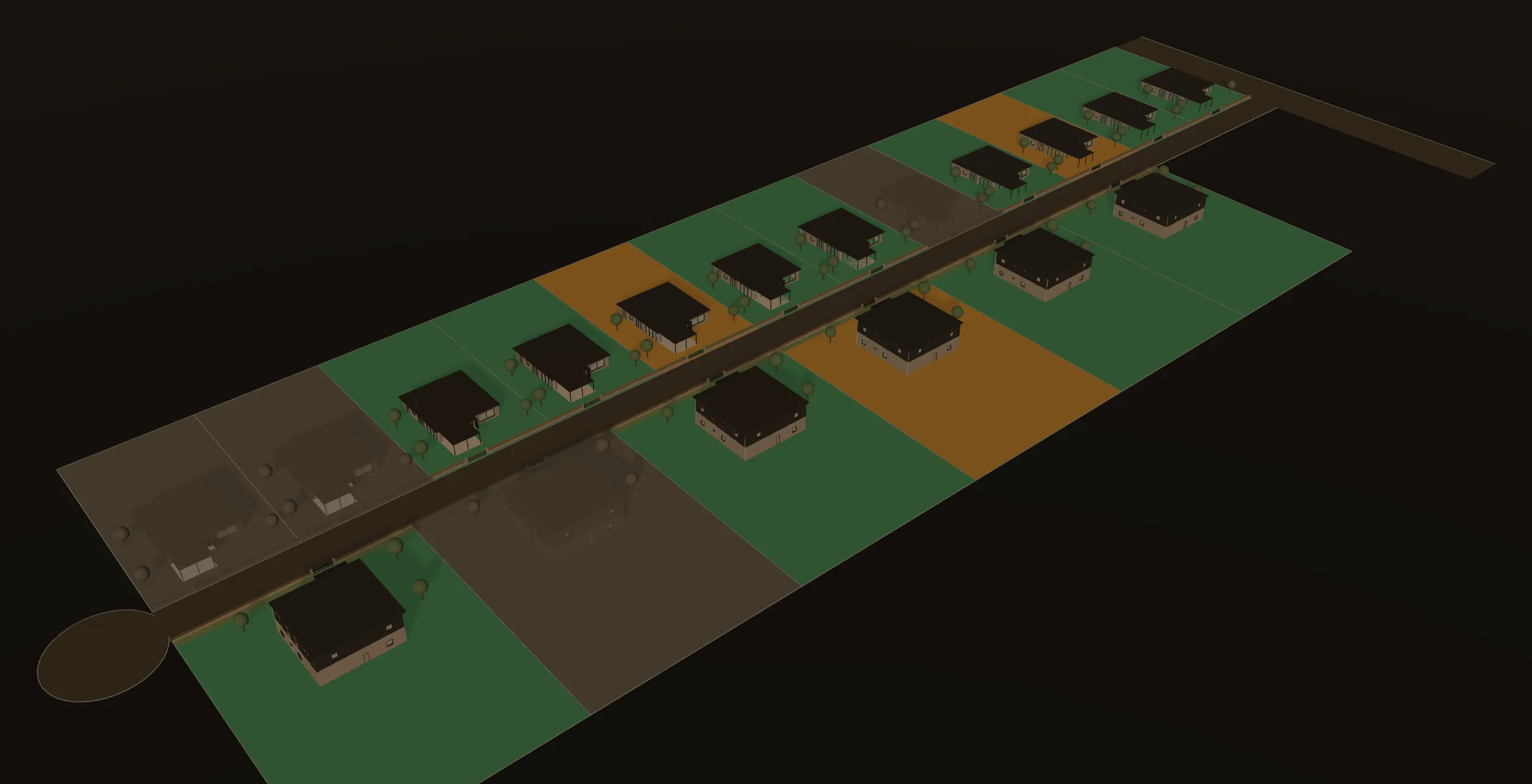 Artist's impression of Halaman Residences as a clay model: two rows of homes along Lorong Halaman, plots tinted green where available, amber where reserved and grey where sold.