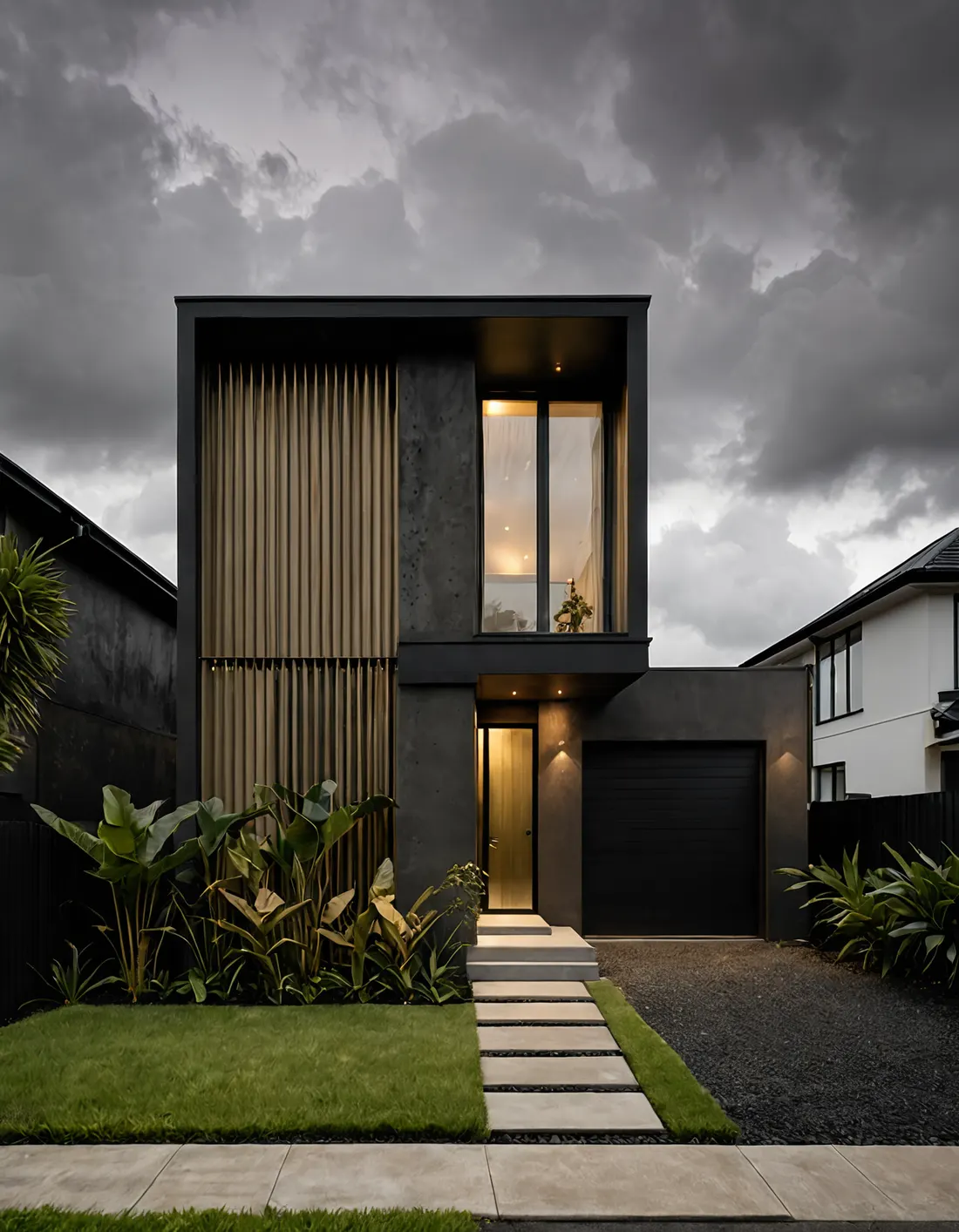 Artist's impression of a two-storey Halaman home at dusk: dark render, timber battens and warm lit windows behind tropical planting.