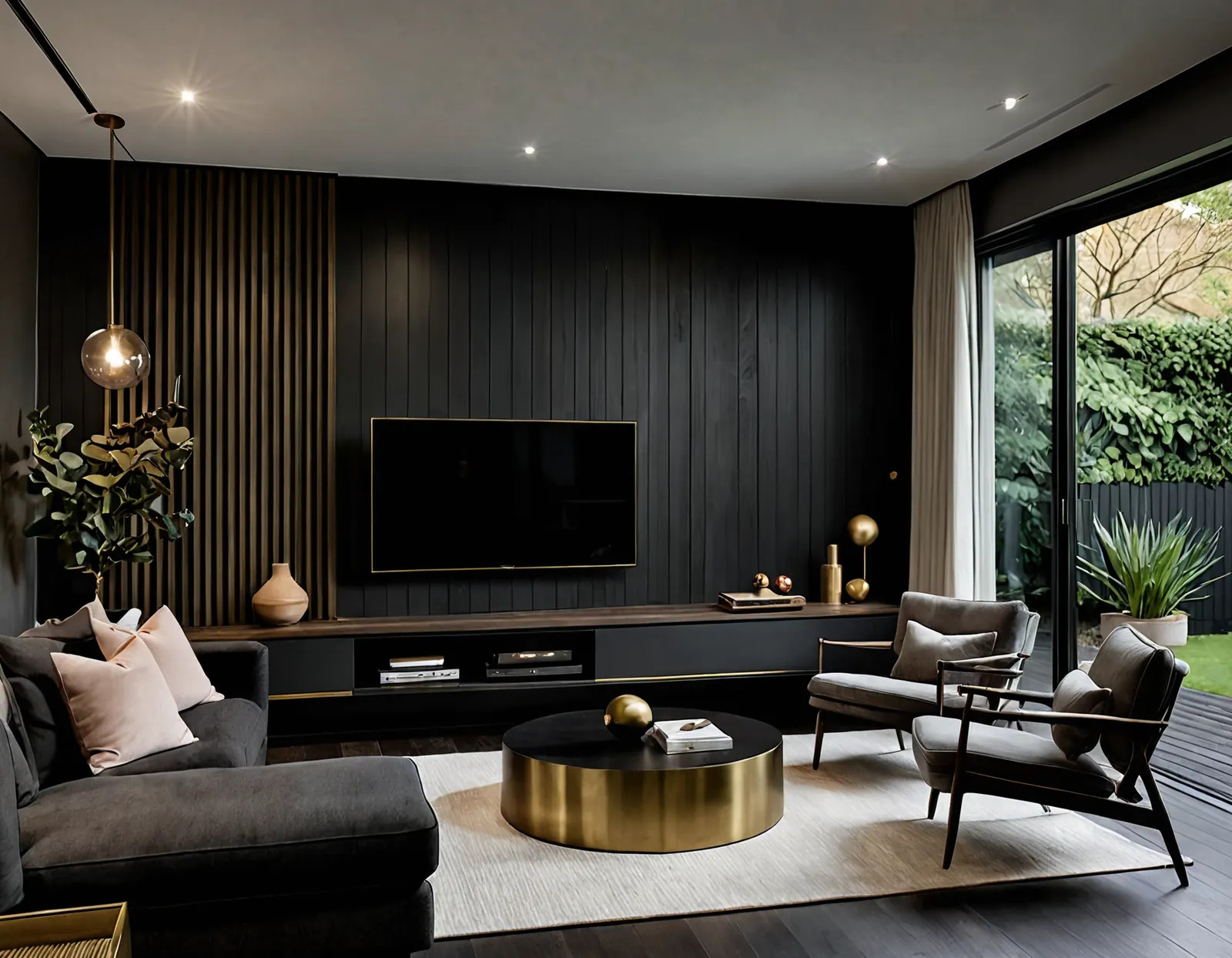 Artist's impression of a Halaman living room: dark panelled walls, a brass coffee table and a sliding door to the garden.